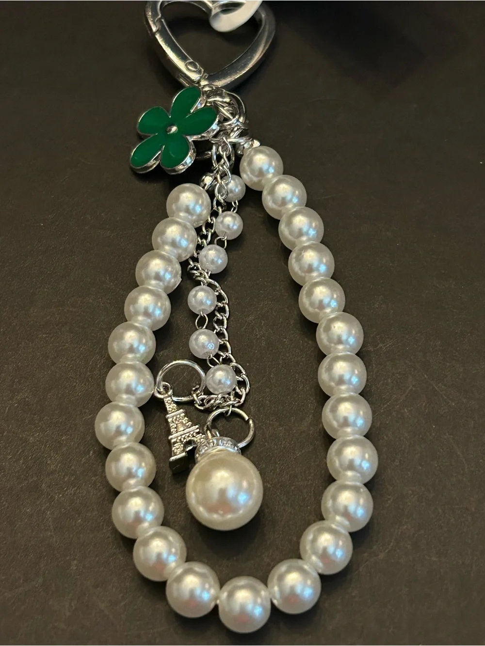 Silver or Gold w/Colored Enamel Flower Faux Pearl Wristlet Keychain Bag Charm